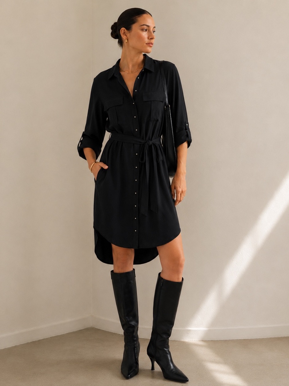 GRANA Chinese Silk Black Shirt Dress Tunic Belted Minimalist Luxe XS